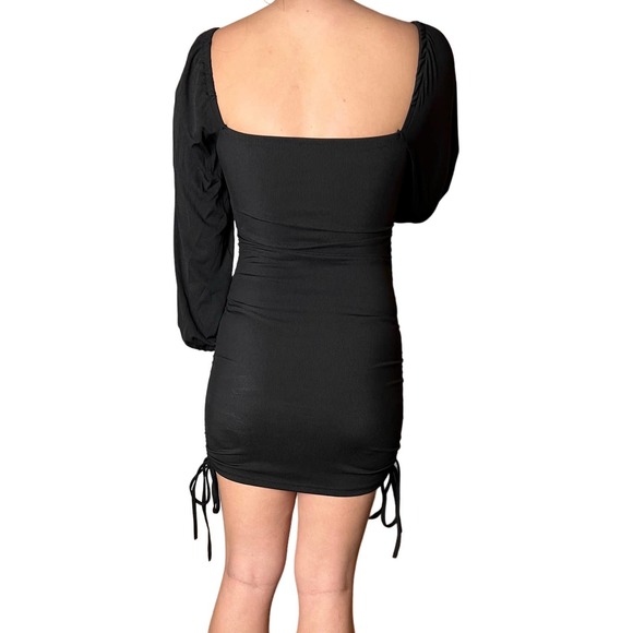 Women Long Puff Sleeve Low Cut Neck Ruched Backless Bodycon Mini Dress - Picture 2 of 2
